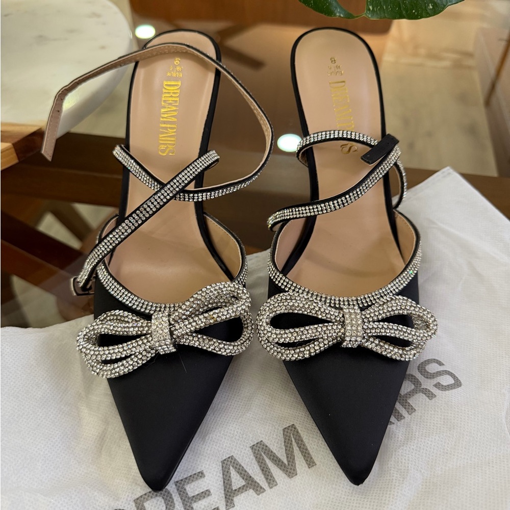 Dream Pairs Black Rhinestone Bow Heels